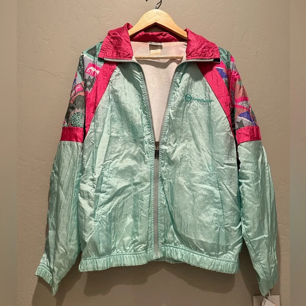 Vintage Sergio Tacchini Colorblock Windbreaker‎ Jacket 80s Aqua Pink Nylon Track
